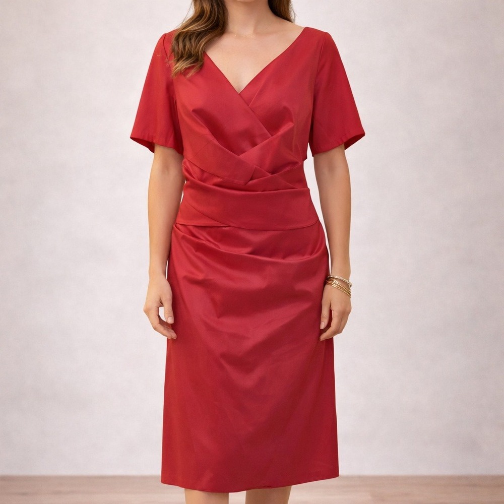 Talbot Runhof Orange Red Draped Silk Blend Cocktail Shift Midi Dress Sz 16/46